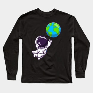 Cute Astronaut Floating with Earth World Long Sleeve T-Shirt
